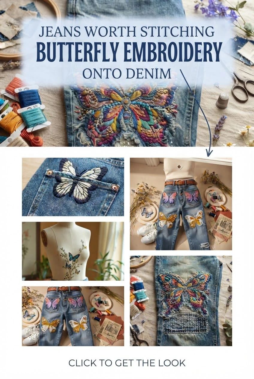 Butterfly Embroidery Jeans Stitching Ideas Collage showing butterfly embroidery jeans, including colorful embroidered denim panels, a black-and-white butterfly patch, butterfly-decorated jeans, and embroidery supplies surrounding the designs