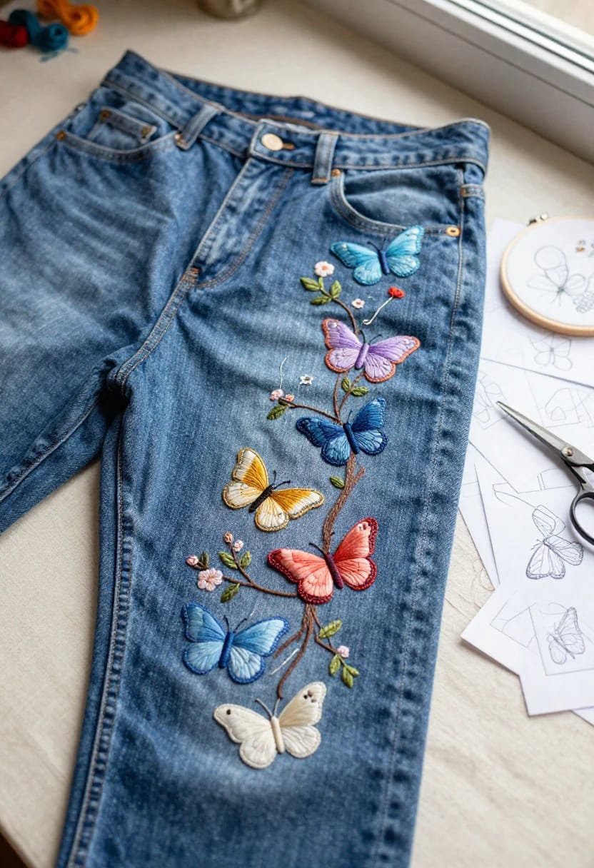 Butterfly Embroidery Jeans With Branch Design Blue jeans decorated with colorful embroidered butterflies and a flowering branch along one leg, beside butterfly sketches, embroidery hoops, and scissors for a butterfly embroidery jeans project