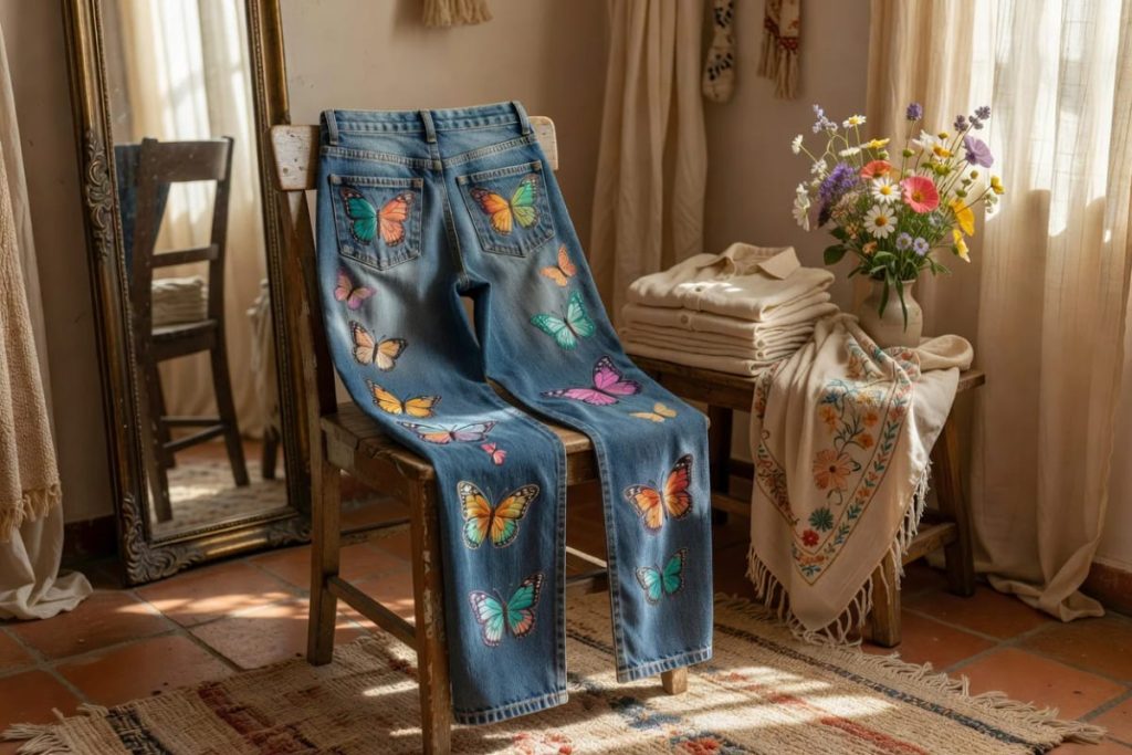 Sustainability Success 9 Blue jeans draped over a wooden chair, decorated with colorful butterfly embroidery across the pockets and legs, illustrating butterfly embroidery jeans ideas.
