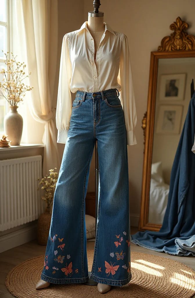 Butterfly Embroidery Jeans With Flared Hems Mannequin wearing blue flared jeans with colorful butterfly embroidery concentrated along both hems, paired with a cream blouse