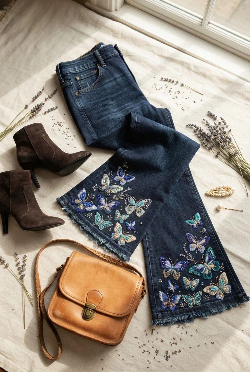 Butterfly Embroidery Jeans With Frayed Hems Dark denim jeans with colorful butterfly embroidery along the frayed hems, styled with brown ankle boots, a tan leather shoulder bag, dried lavender, and pearl accessories for butterfly embroidery jeans inspiration