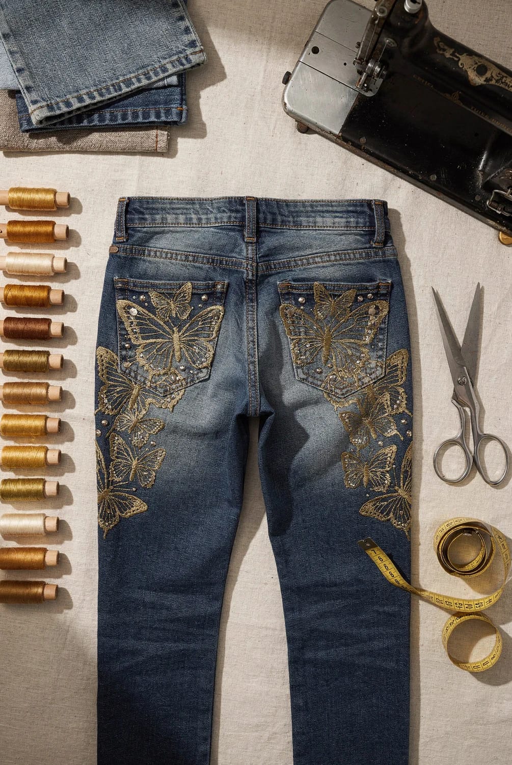 Butterfly Embroidery Jeans With Gold Topstitching Dark blue jeans decorated with gold butterfly embroidery and small studs on the back pockets and upper legs, surrounded by gold thread spools, scissors, a measuring tape, folded denim, and a sewing machine for butterfly embroidery jeans