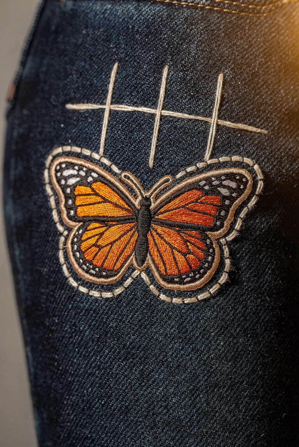 Butterfly Embroidery Jeans With Iron-On Patch Close-up of a colorful orange butterfly patch on dark denim, secured with visible cream embroidery stitches around the edges and above the design