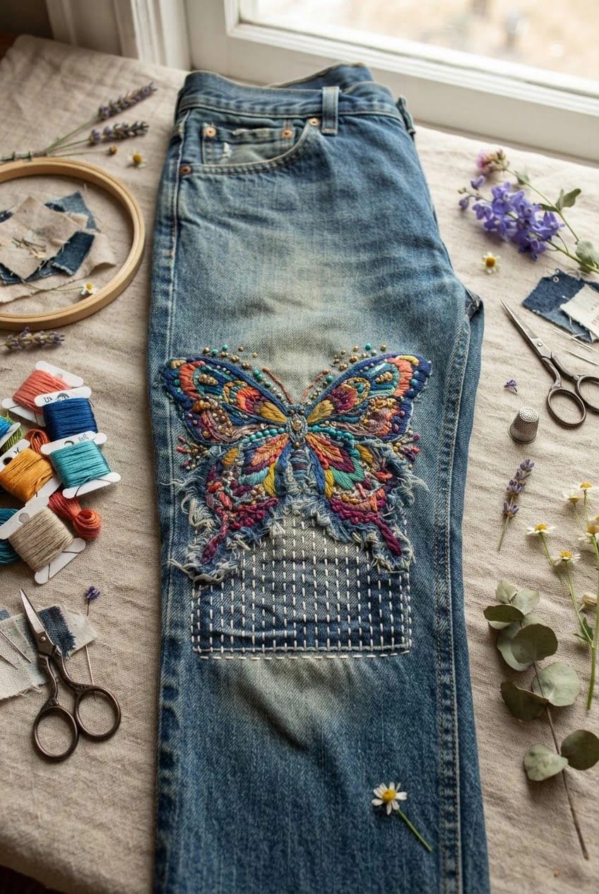 Butterfly Embroidery Jeans With Knee Repair Blue jeans display a colorful embroidered butterfly covering a worn knee, with visible patchwork stitching below and embroidery supplies, scissors, thread, and flowers arranged around them.