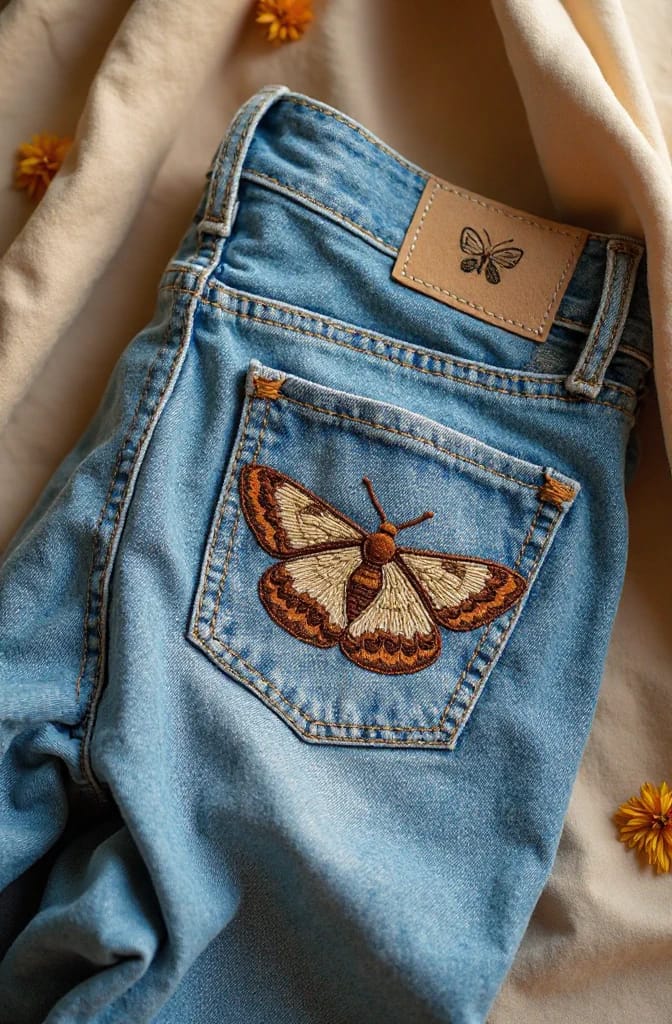 Butterfly Embroidery Jeans With Moth-Inspired Detail Close-up of light blue jeans featuring a large embroidered moth on the back pocket and a smaller moth illustration on the leather waistband patch, displayed on cream fabric with orange flowers.