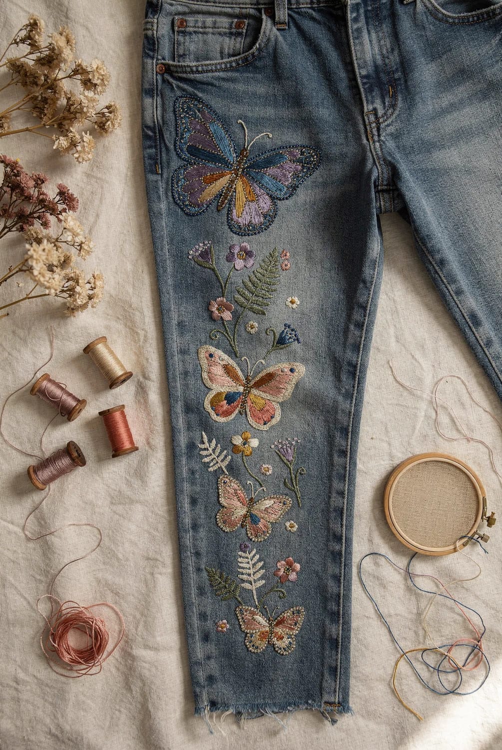 Butterfly Embroidery Jeans With Swarm Up One Leg Blue jeans displayed with four embroidered butterflies arranged from large to small up one leg, surrounded by stitched flowers and fern leaves; embroidery thread spools and a hoop sit on the fabric beside the jeans.