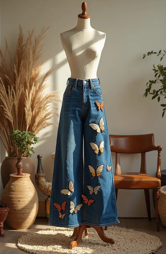 Butterfly Embroidery Jeans With Swarm Up One Leg Mannequin wearing wide-leg blue denim jeans decorated with embroidered butterflies arranged from larger to smaller up one leg, with butterflies in cream, orange, and brown tones