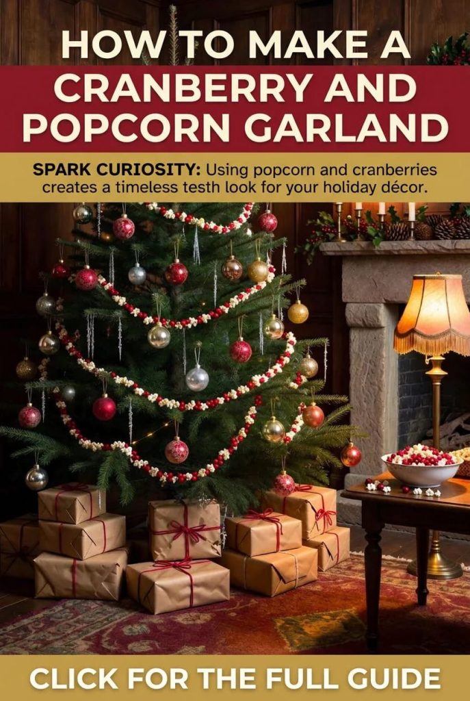A vintage Christmas tree decorated with cranberry and popcorn garland and classic ornaments, surrounded by wrapped gifts, with a bowl of cranberries and popcorn on a side table, illustrating how to make a cranberry and popcorn garland for a vintage Christmas tree.