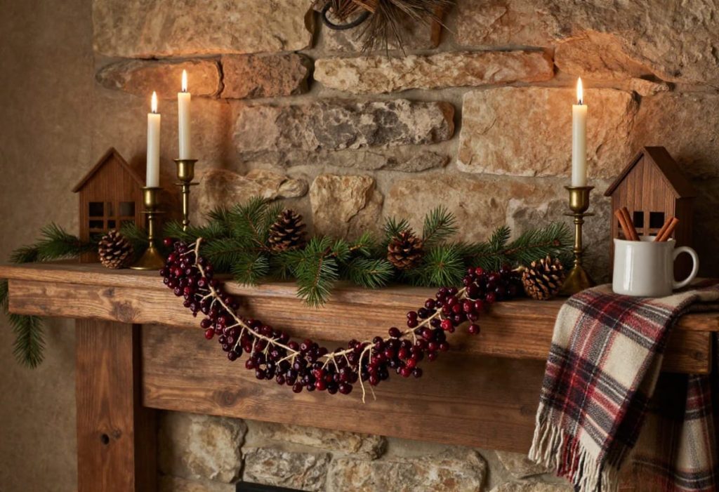 A rustic mantel decorated with a dried cranberry garland, evergreen branches, pinecones, brass candle holders with lit candles, wooden house ornaments, a mug with cinnamon sticks, and a plaid blanket, illustrating dried cranberry garland for a rustic mantel.