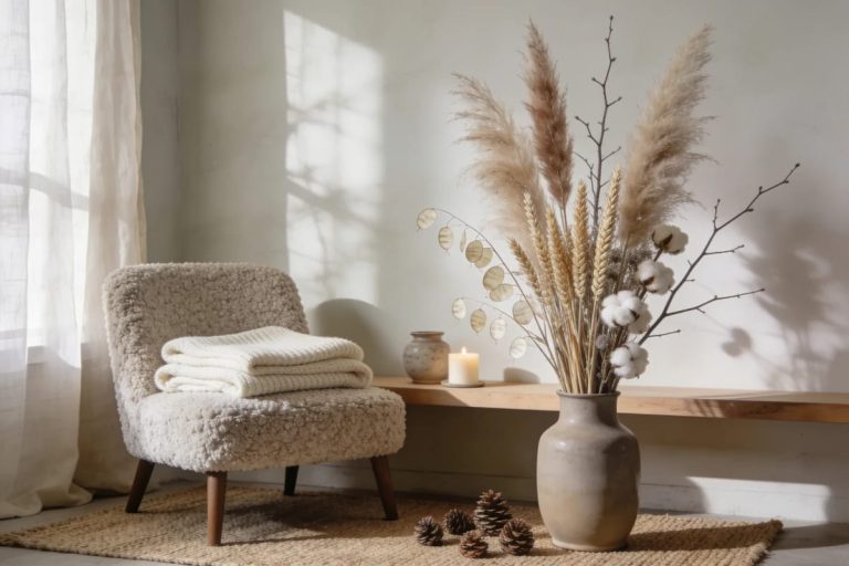 Dried Seedhead and Pampas Winter Arrangements That Don't Read as Leftover Fall 1 Dried seedhead and pampas winter arrangement in a ceramic floor vase, styled with wheat, cotton stems, bare branches, and round seed pods beside a cozy boucle chair and folded blankets.