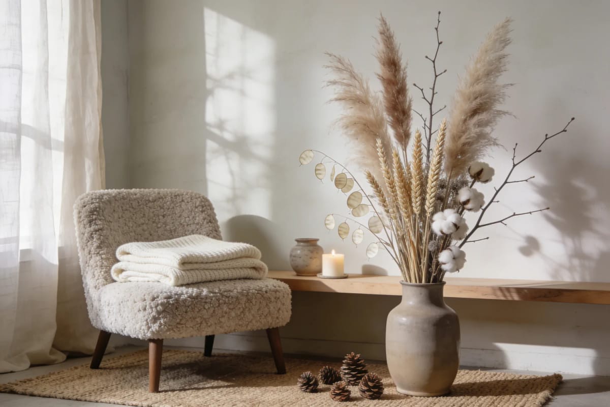 Dried seedhead and pampas winter arrangement in a ceramic floor vase, styled with wheat, cotton stems, bare branches, and round seed pods beside a cozy boucle chair and folded blankets.