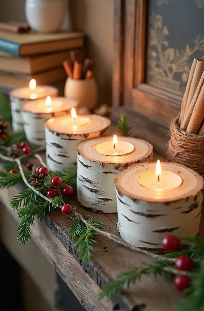 Log Round Christmas Decorations for a Rustic Mantel Without Crowding the Shelf 4 drill birch rounds for tealights and keep the flame above the wood 1
