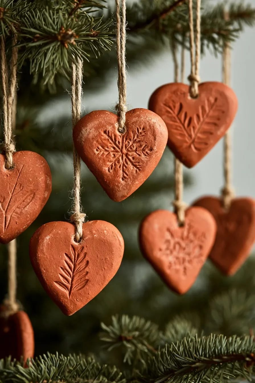 Terracotta Clay Christmas Ornaments for an Earthy Tree 17 embossed hearts with the year stamped on the back 1
