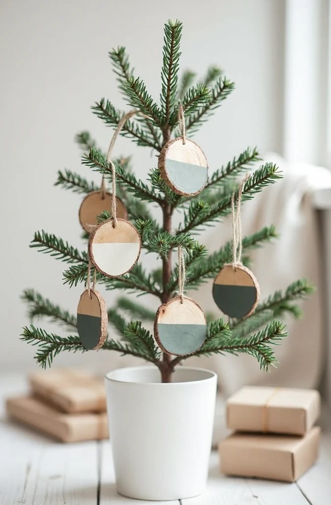 13 Painted Wood Slice Ornaments for a Minimalist Tree 3 half-dipped slices in one flat color 1