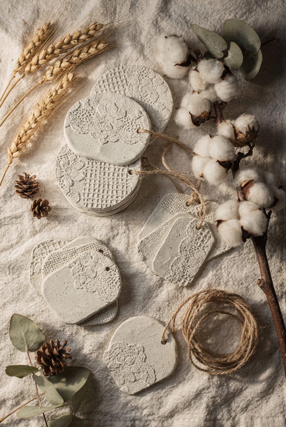 lace and linen texture clay tags with no lettering 1