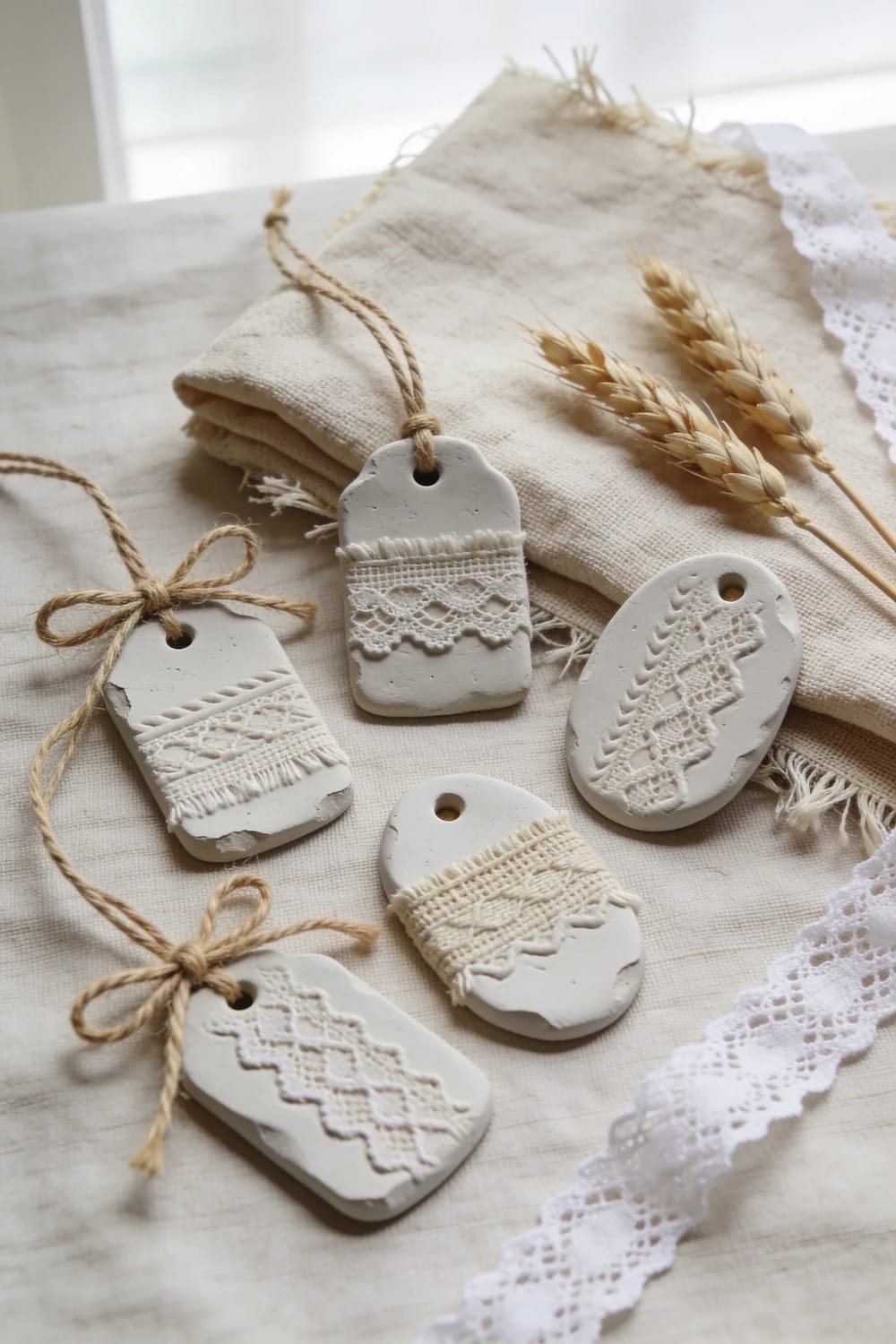 lace and linen texture clay tags with no lettering 1