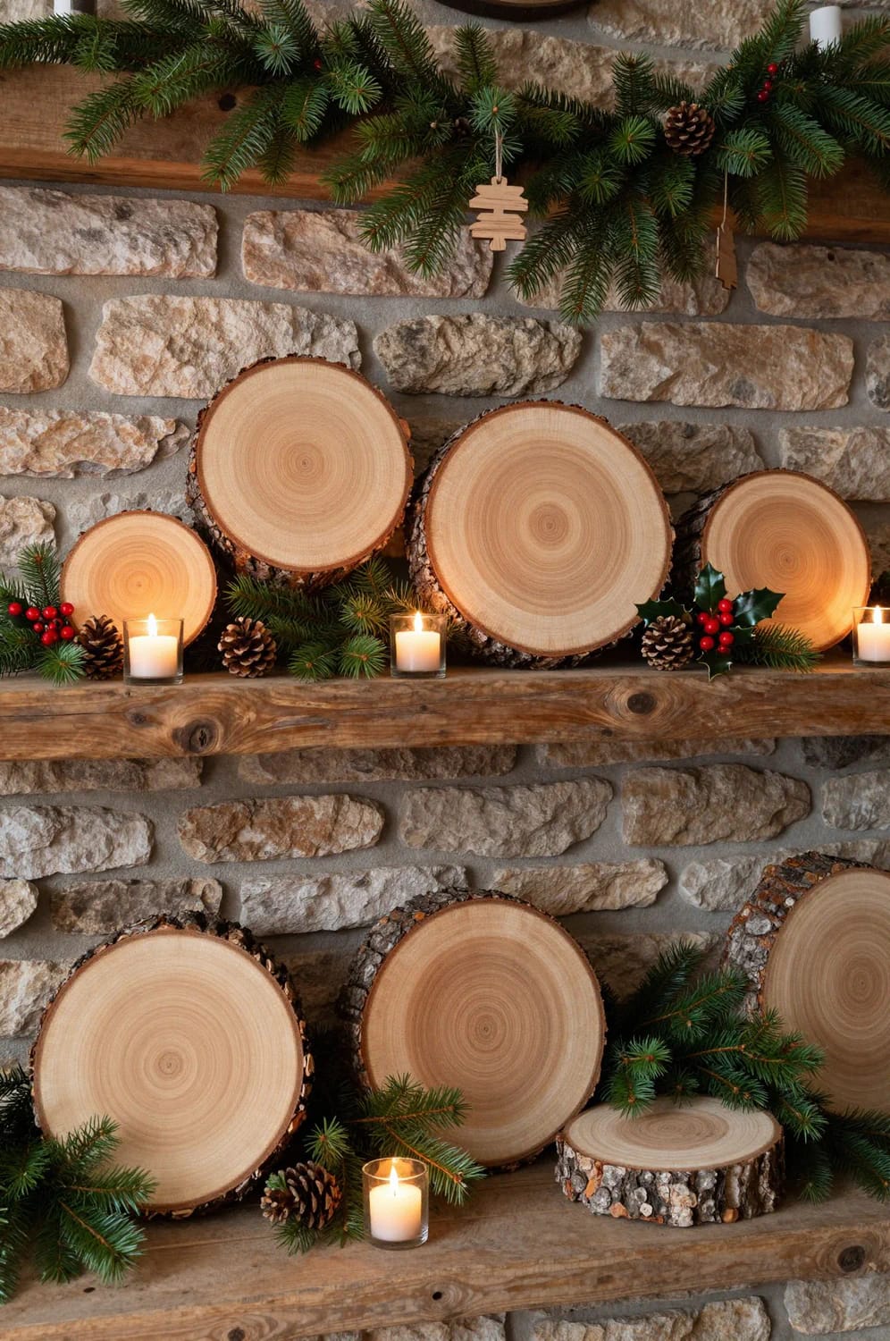Log Round Christmas Decorations for a Rustic Mantel Without Crowding the Shelf 20 leave the bark on your log rounds and sand only the cut face 1