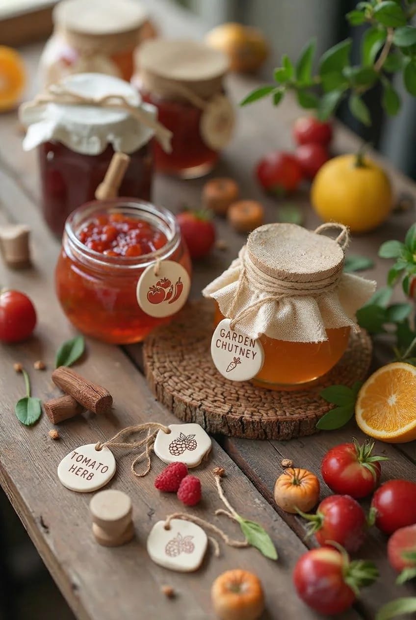 13 Stamped Clay Gift Tags With Natural Twine, From Fern Prints to Advent Numbers 13 Jars of jam and garden chutney with fabric covers and twine-tied stamped clay tags, including labels reading “GARDEN CHUTNEY” and “TOMATO HERB,” arranged with fruit and leaves on a wooden table