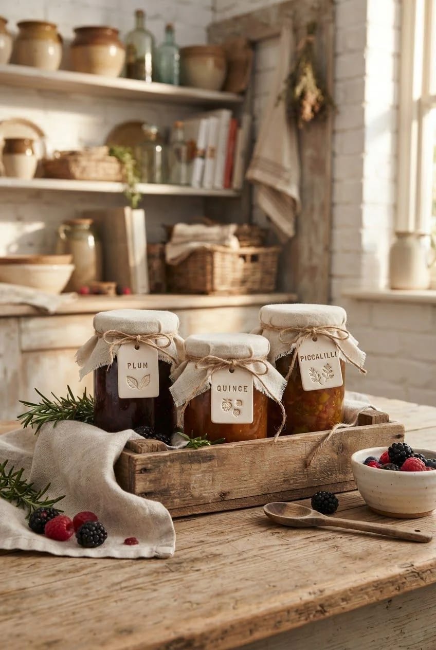 13 Stamped Clay Gift Tags With Natural Twine, From Fern Prints to Advent Numbers 14 Three jam and chutney jars in a wooden crate, covered with fabric and decorated with natural twine and stamped clay tags labeled Plum, Quince, and Piccalilli