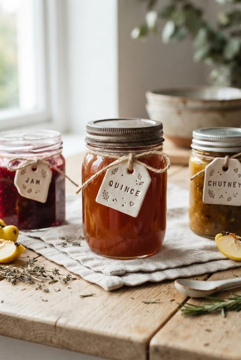 13 Stamped Clay Gift Tags With Natural Twine, From Fern Prints to Advent Numbers 15 Three glass jars of jam, quince preserve, and chutney sit on a wooden table, each tied with natural twine and a small stamped clay tag labeled JAM, QUINCE, or CHUTNEY.