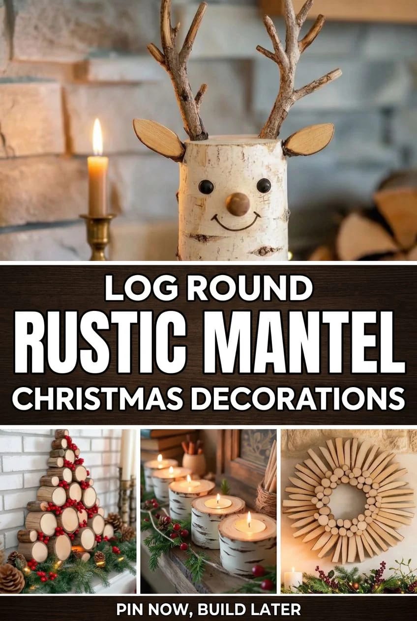 Log Round Christmas Decorations for a Rustic Mantel Without Crowding the Shelf 2 log round christmas decorations for a rustic mantel 1