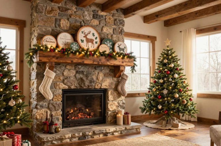 Log Round Christmas Decorations for a Rustic Mantel Without Crowding the Shelf 1 Stone fireplace mantel decorated with log round Christmas decorations featuring painted reindeer and snowflakes, greenery, string lights, and hanging stockings, creating a rustic holiday look without crowding the shelf. A Christmas tree with ornaments stands nearby.