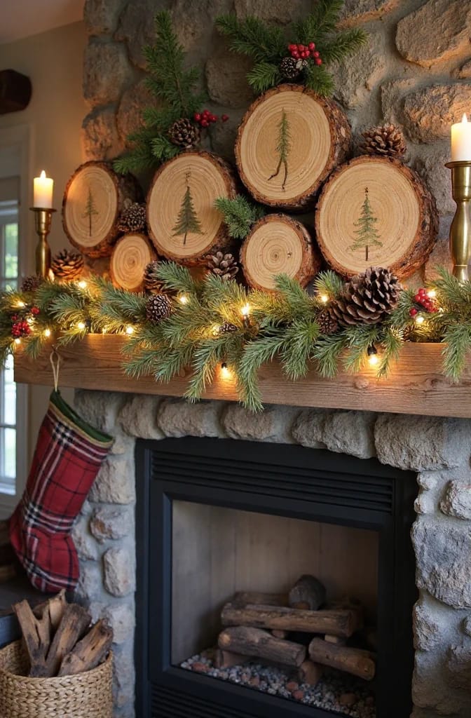 Log Round Christmas Decorations for a Rustic Mantel Without Crowding the Shelf 21 A rustic mantel decorated with log round Christmas decorations featuring tree designs, surrounded by evergreen branches, pinecones, red berries, and string lights, matching the log bark to the stone fireplace surround.