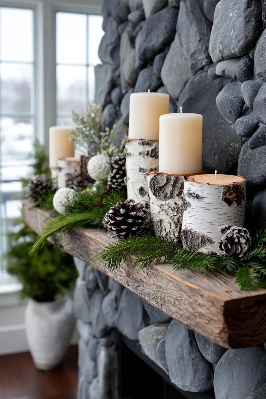 Log Round Christmas Decorations for a Rustic Mantel Without Crowding the Shelf 22 Log round Christmas decorations with white candles, pinecones, and evergreen branches arranged on a rustic wooden mantel above a stone fireplace, illustrating how to match the log's bark to the stone surround for a cohesive holiday look.