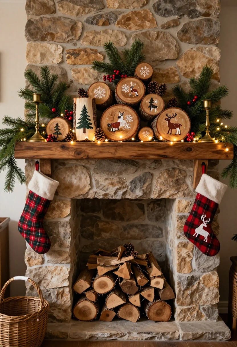 Log Round Christmas Decorations for a Rustic Mantel Without Crowding the Shelf 23 A rustic stone fireplace mantel decorated with log round Christmas decorations featuring painted reindeer, trees, and snowflakes, accented by pine branches, berries, pinecones, brass candle holders, and plaid stockings, illustrating how to match the log round bark to the mantel surround without crowding the shelf.