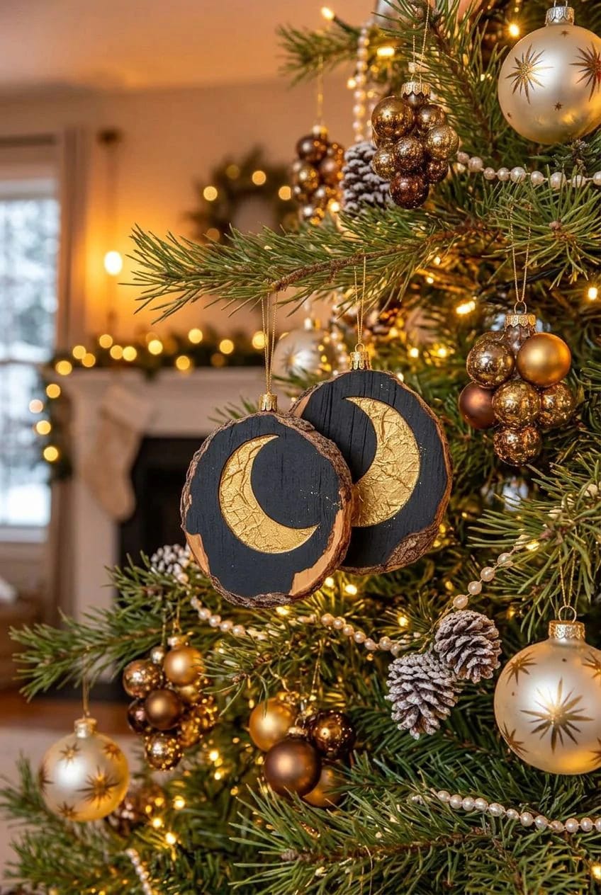 13 Painted Wood Slice Ornaments for a Minimalist Tree 13 matte black slices with a brass-leaf moon 1