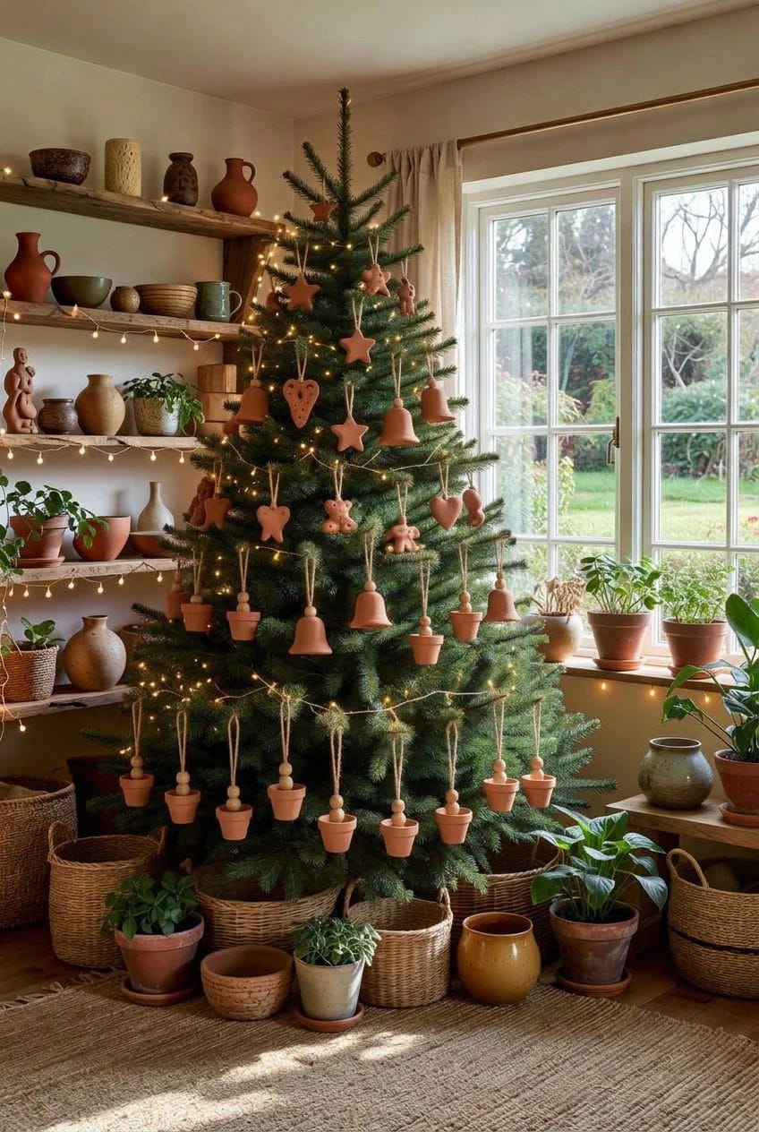Terracotta Clay Christmas Ornaments for an Earthy Tree 4 mini terracotta pot bells with a wooden bead for a clapper 1
