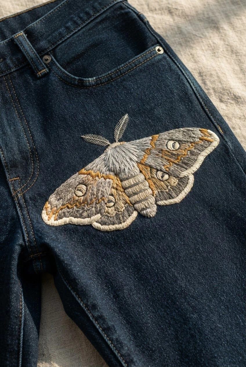 Moth Embroidery Jeans Design Close-up of dark denim jeans featuring a detailed embroidered moth below the front pocket, with gray, cream, and rust-colored thread.