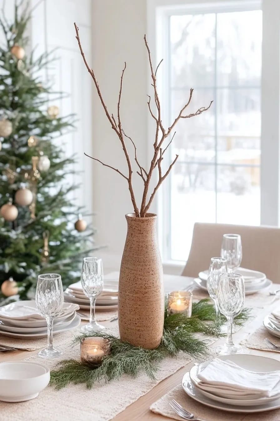 Bare Branch Winter Centerpiece Ideas for a January Table 7 one forked branch in a heavy vessel beats a fistful of twigs 1