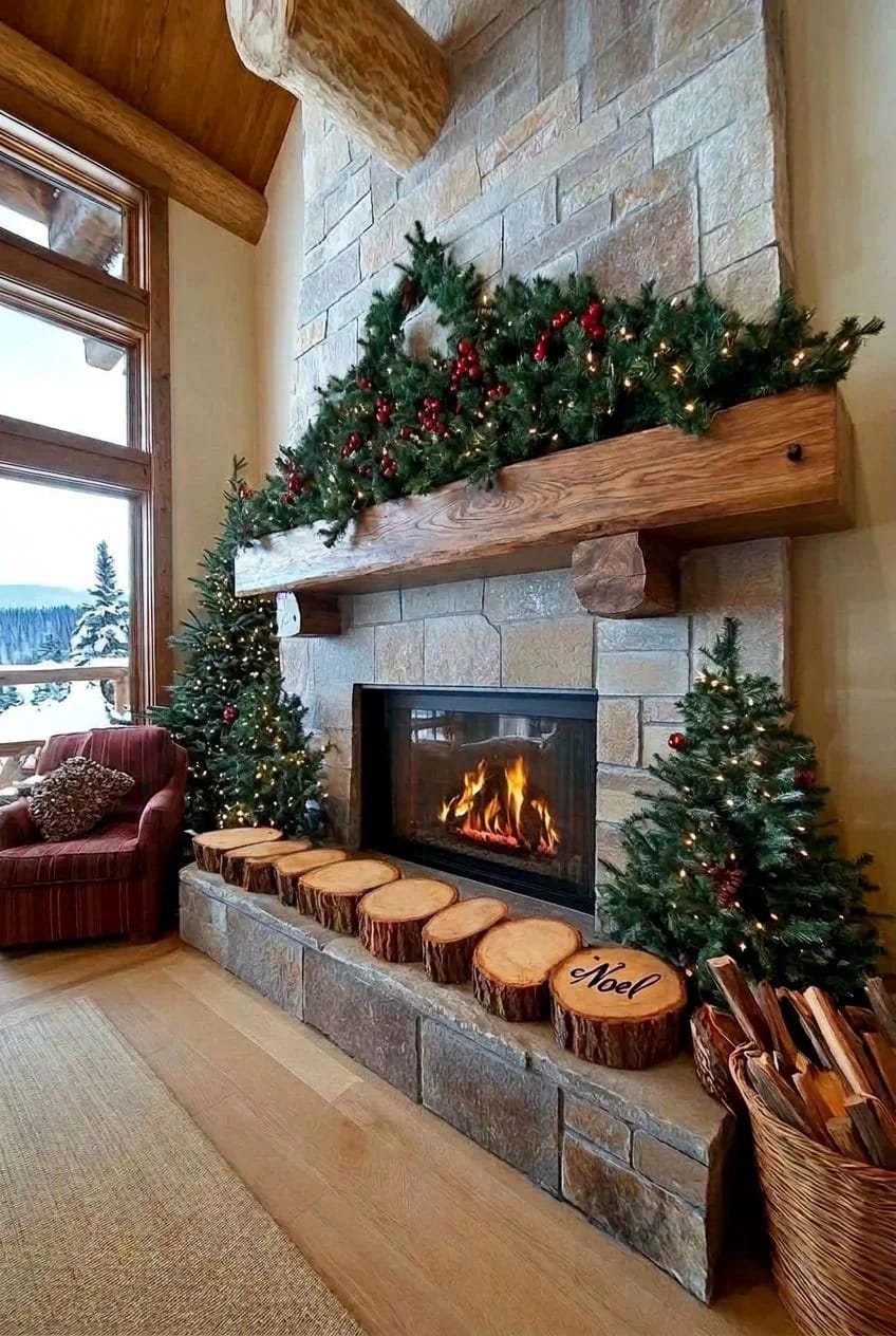 Log Round Christmas Decorations for a Rustic Mantel Without Crowding the Shelf 12 one wood-burned word per round, never a whole scene 1