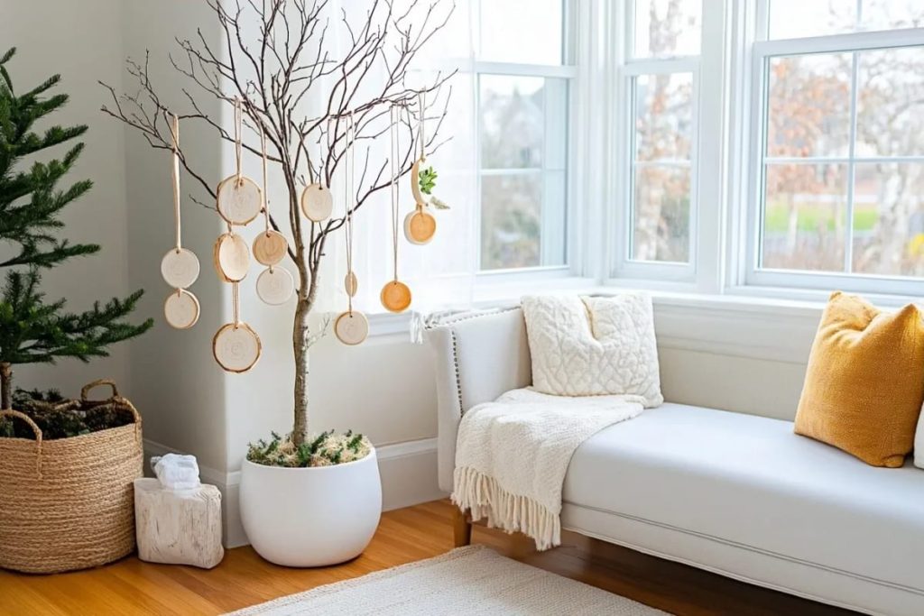 Minimalist tree decorated with simple painted wood slice ornaments hanging from bare branches in a bright, modern living room with a cozy window seat and neutral decor.