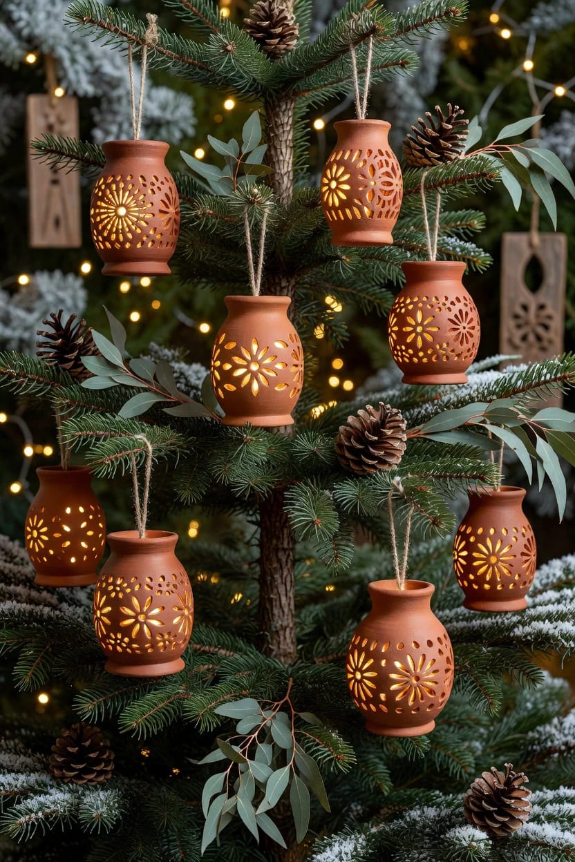 Terracotta Clay Christmas Ornaments for an Earthy Tree 9 pierced terracotta lanterns that hang over a tree light 1