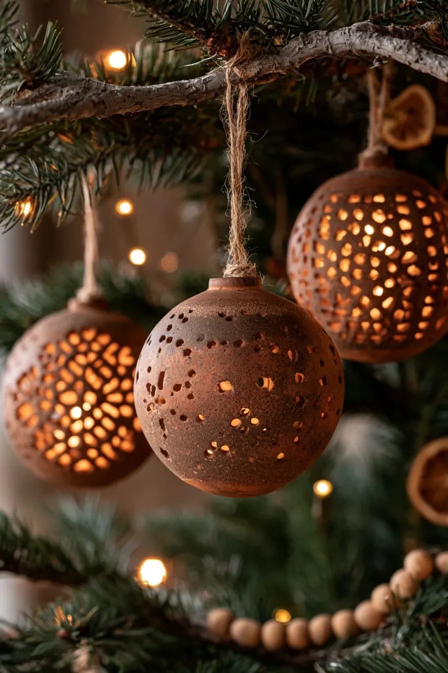 Terracotta Clay Christmas Ornaments for an Earthy Tree 10 pierced terracotta lanterns that hang over a tree light 1