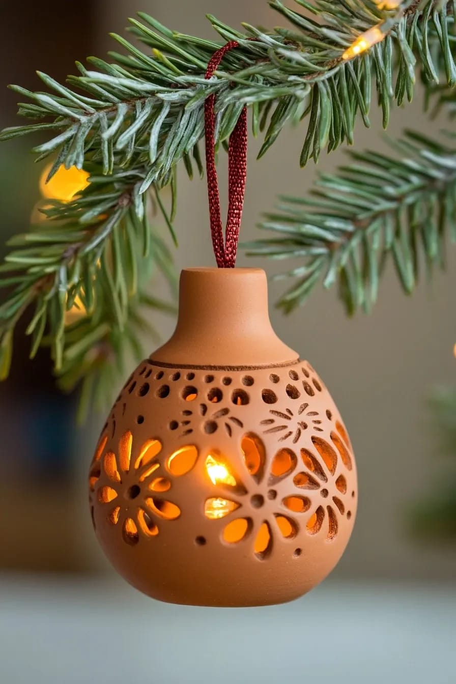 Terracotta Clay Christmas Ornaments for an Earthy Tree 11 pierced terracotta lanterns that hang over a tree light 1