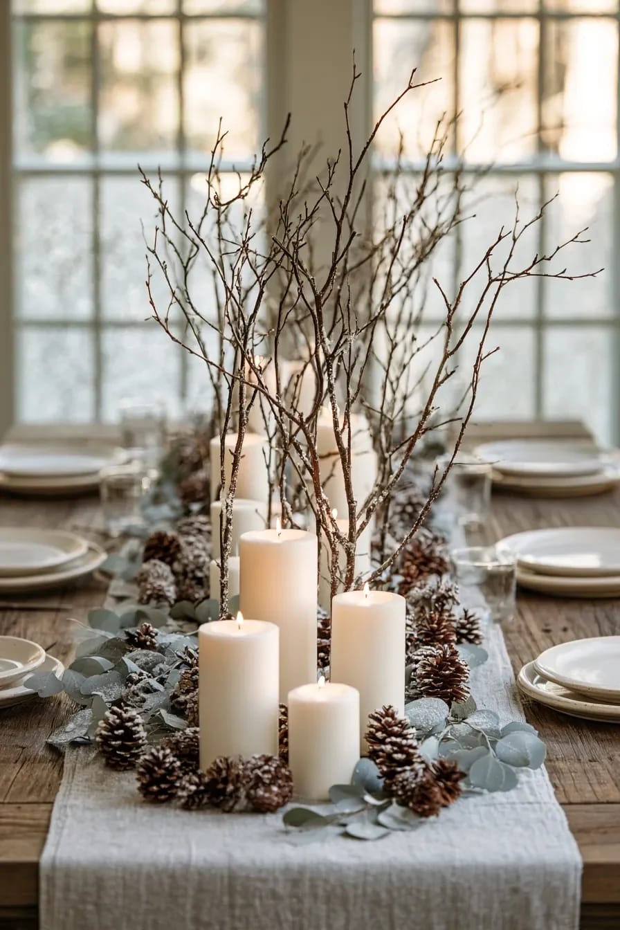 Bare Branch Winter Centerpiece Ideas for a January Table 3 A January table decorated with a winter centerpiece featuring bare branches laid low along the center, surrounded by white pillar candles, pinecones, and frosted eucalyptus on a linen table runner, set for a meal.