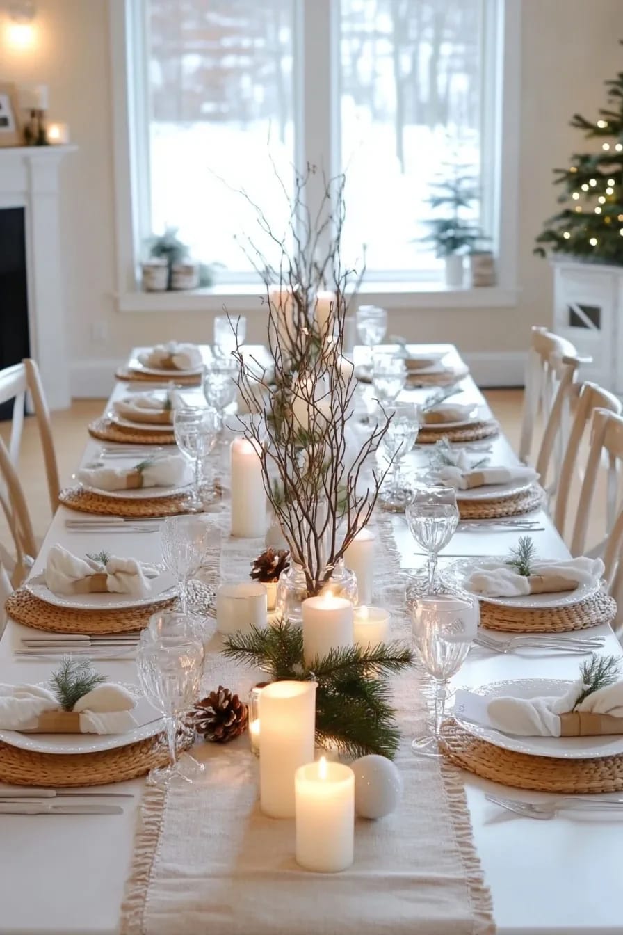 Bare Branch Winter Centerpiece Ideas for a January Table 4 A January table set with a winter centerpiece featuring bare branches running low along a table runner, surrounded by white candles, pine cones, evergreen sprigs, and neutral place settings in a bright dining room.
