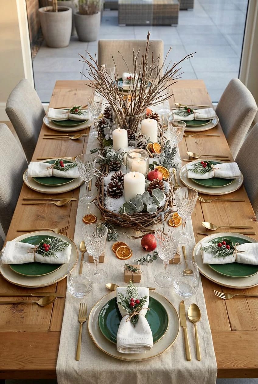 Bare Branch Winter Centerpiece Ideas for a January Table 5 A rectangular dining table set for a January gathering featuring a bare branch winter centerpiece running low along the center of the table, surrounded by white candles, pinecones, dried orange slices, greenery, and pomegranates, with elegant place settings and gold flatware.