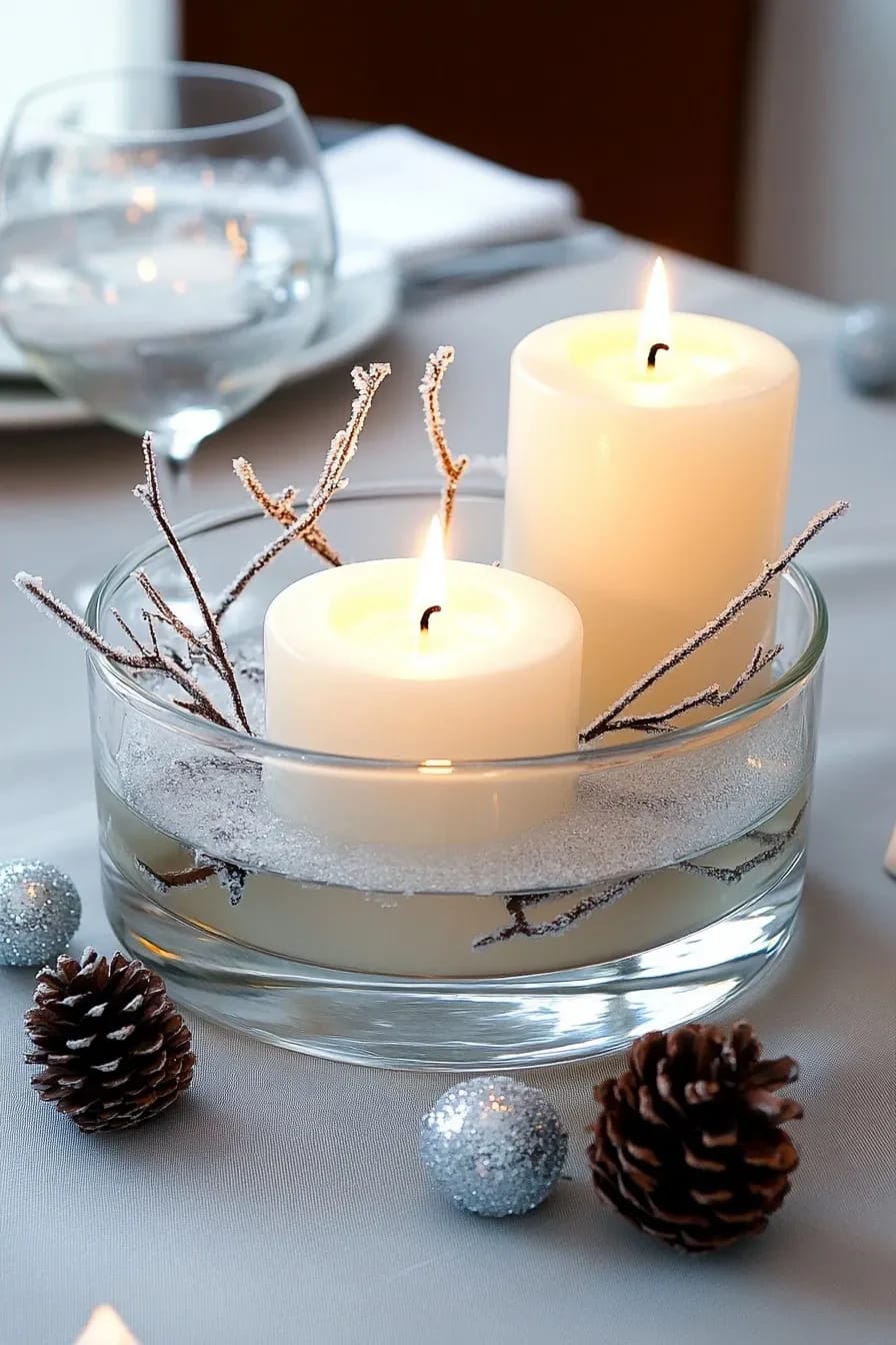 Bare Branch Winter Centerpiece Ideas for a January Table 9 sink bare twigs under floating candles for a low winter centerpiece 1