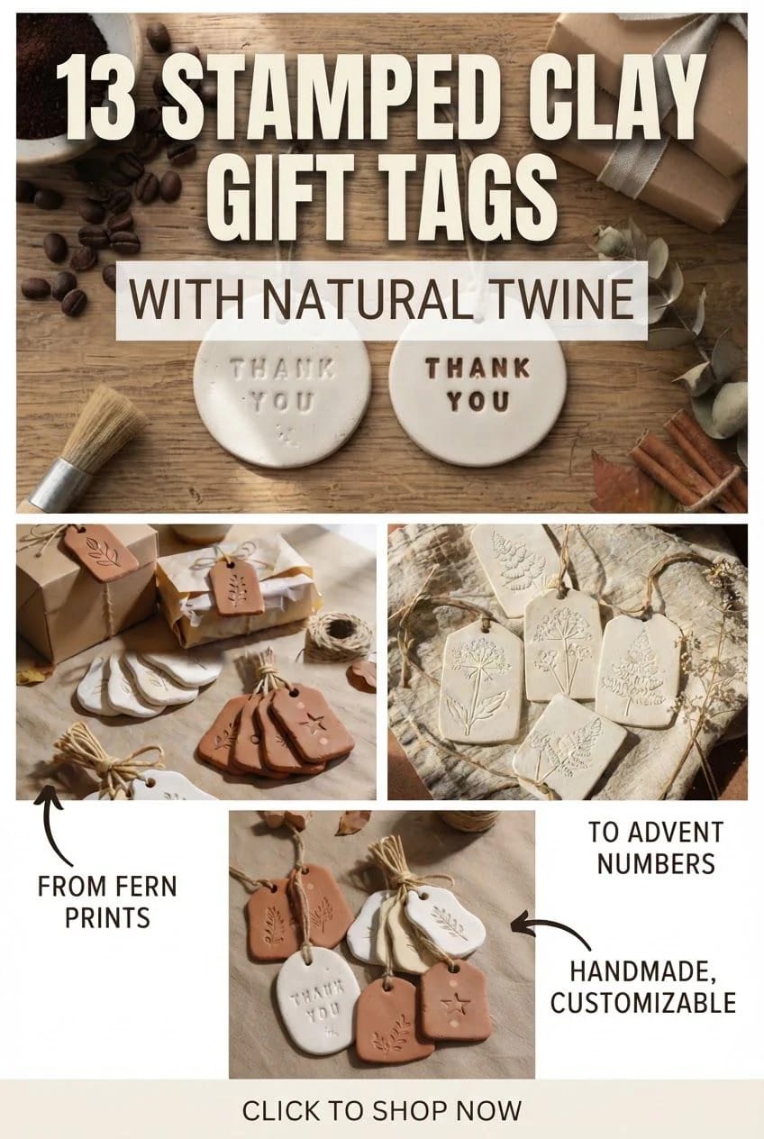 stamped clay gift tags with natural twine 1