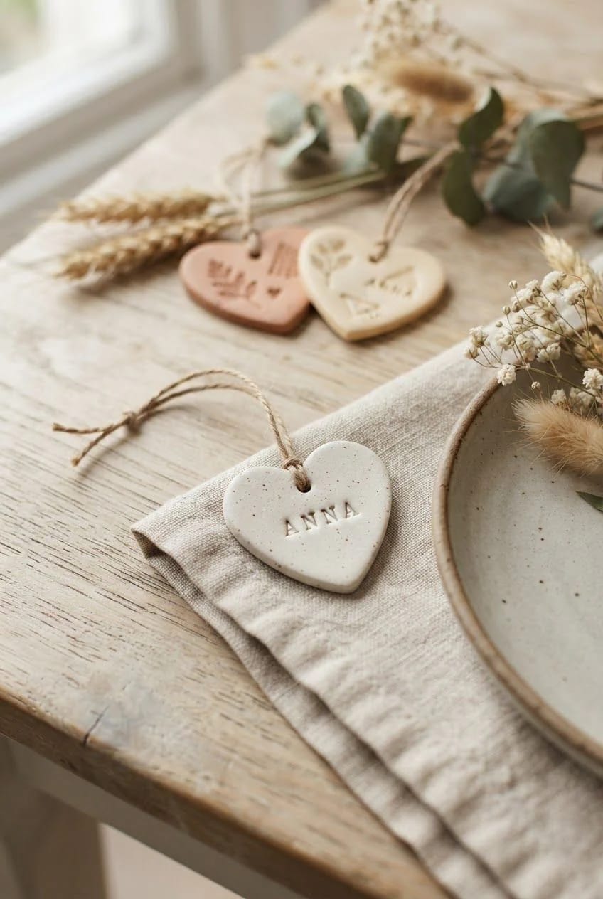 stamped clay heart tags for wedding favors and place settings 1
