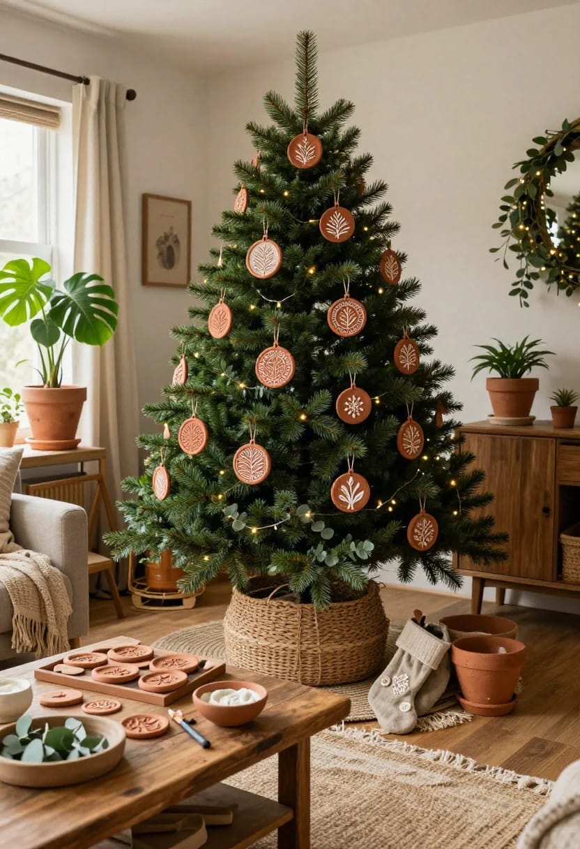 Terracotta Clay Christmas Ornaments for an Earthy Tree 6 stamped clay medallions with white slip rubbed into the lines 1