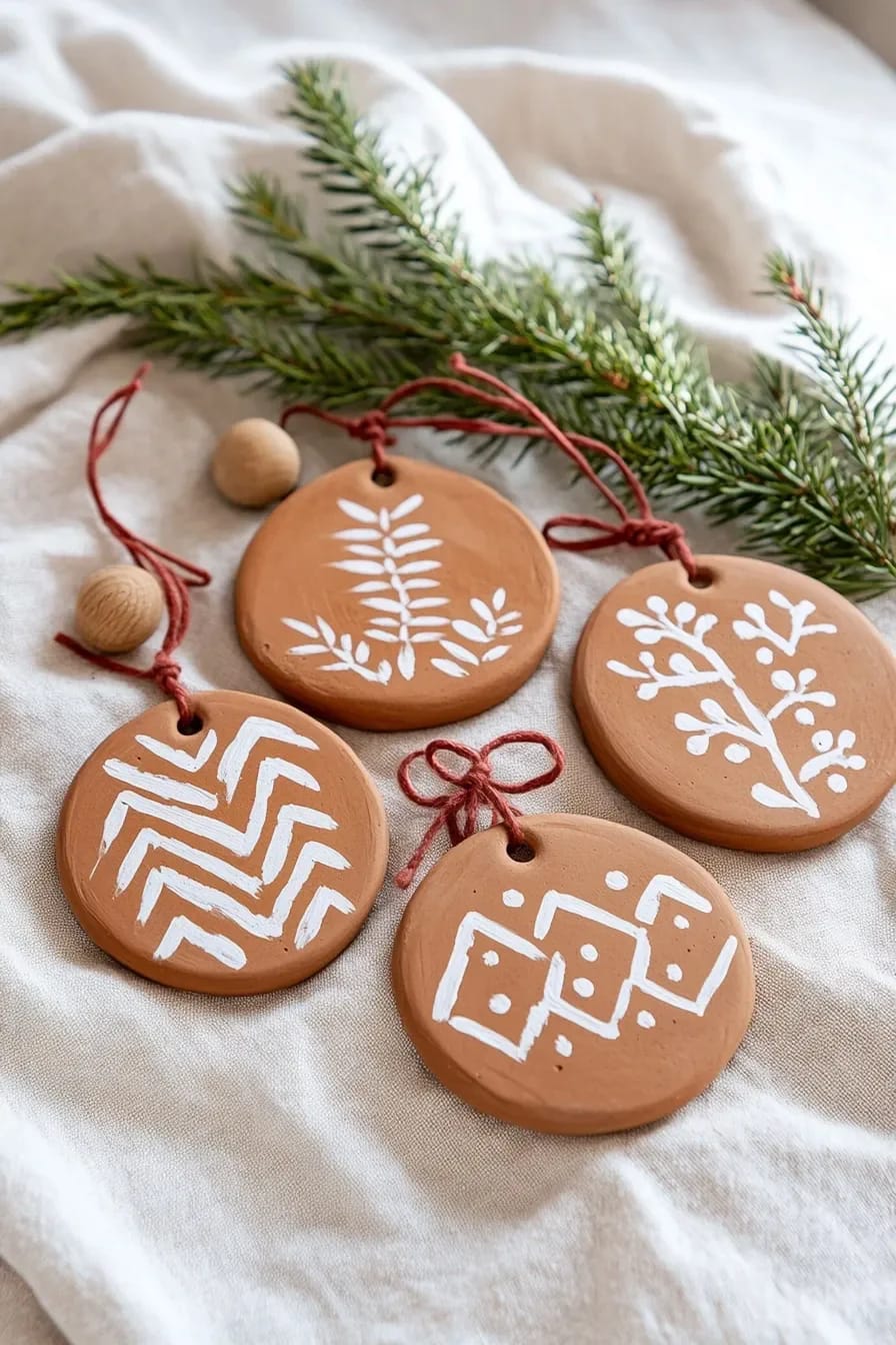 Terracotta Clay Christmas Ornaments for an Earthy Tree 7 stamped clay medallions with white slip rubbed into the lines 1