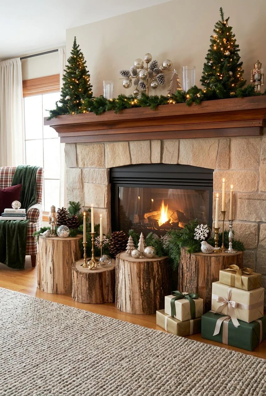 Log Round Christmas Decorations for a Rustic Mantel Without Crowding the Shelf 3 standing log rounds in three heights beat a row of flat discs 1