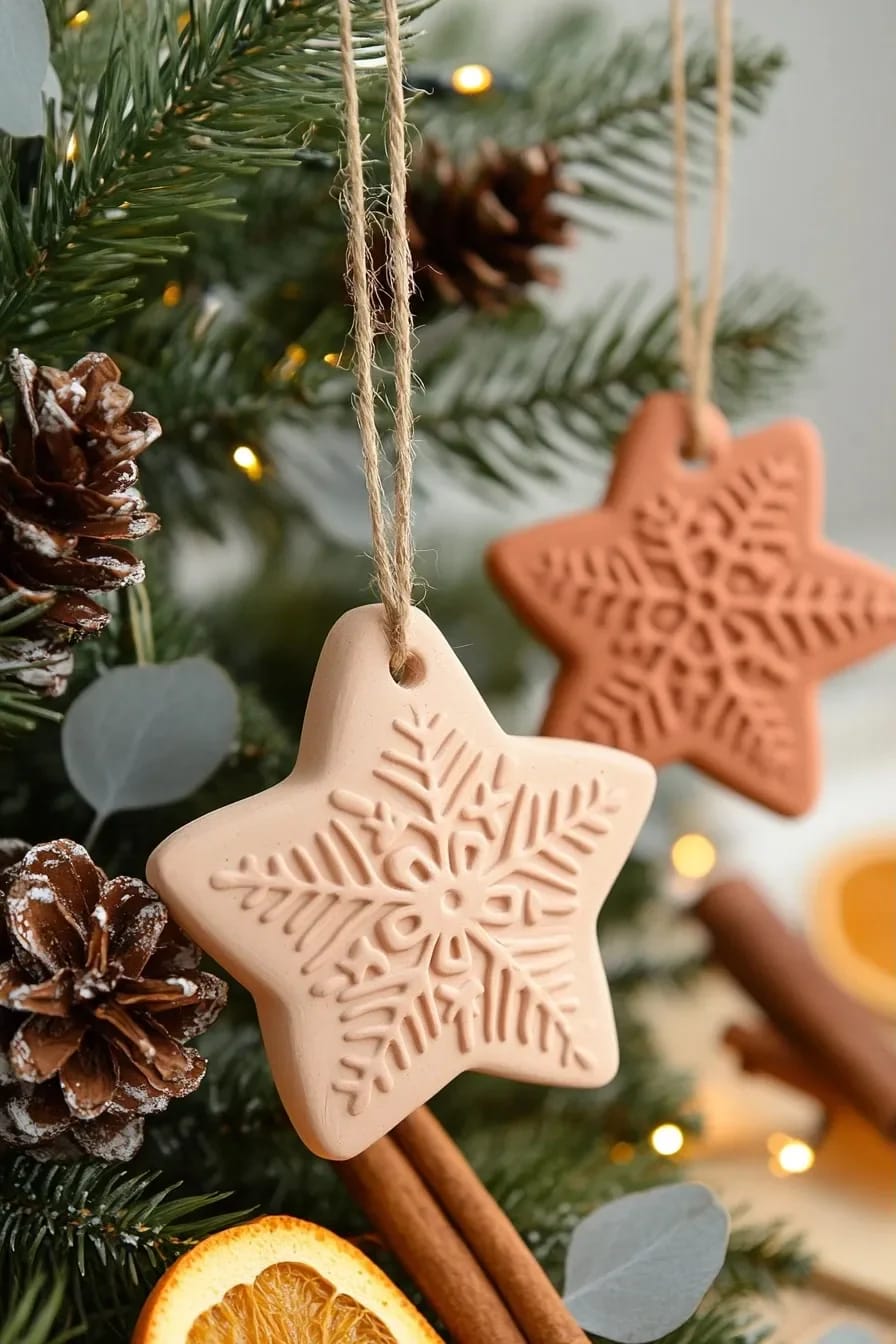 Terracotta Clay Christmas Ornaments for an Earthy Tree 15 star and snowflake tiles finished with a raw wood bead 1