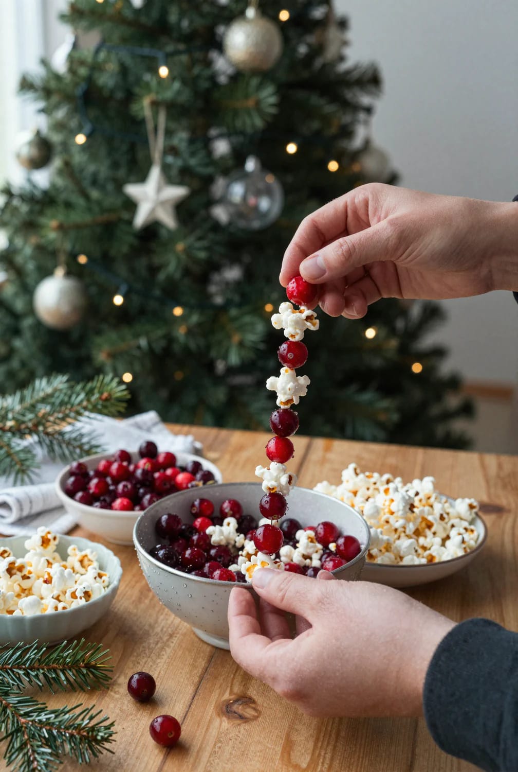 How to Make a Cranberry and Popcorn Garland for a Vintage Christmas Tree 5 string in short runs, through the thickest part of each puff 1