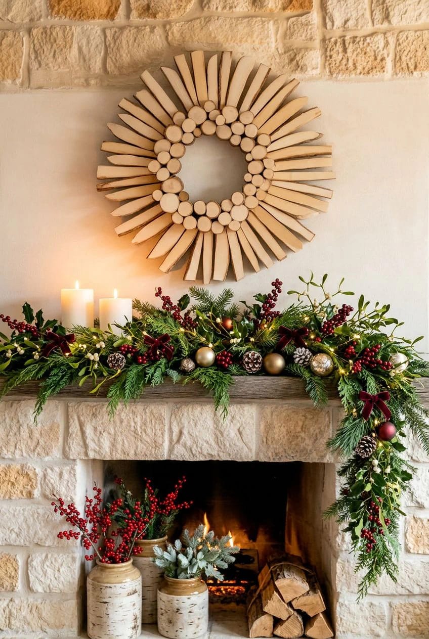 Log Round Christmas Decorations for a Rustic Mantel Without Crowding the Shelf 14 thin slices in a starburst read better above the mantel than another wreath 1